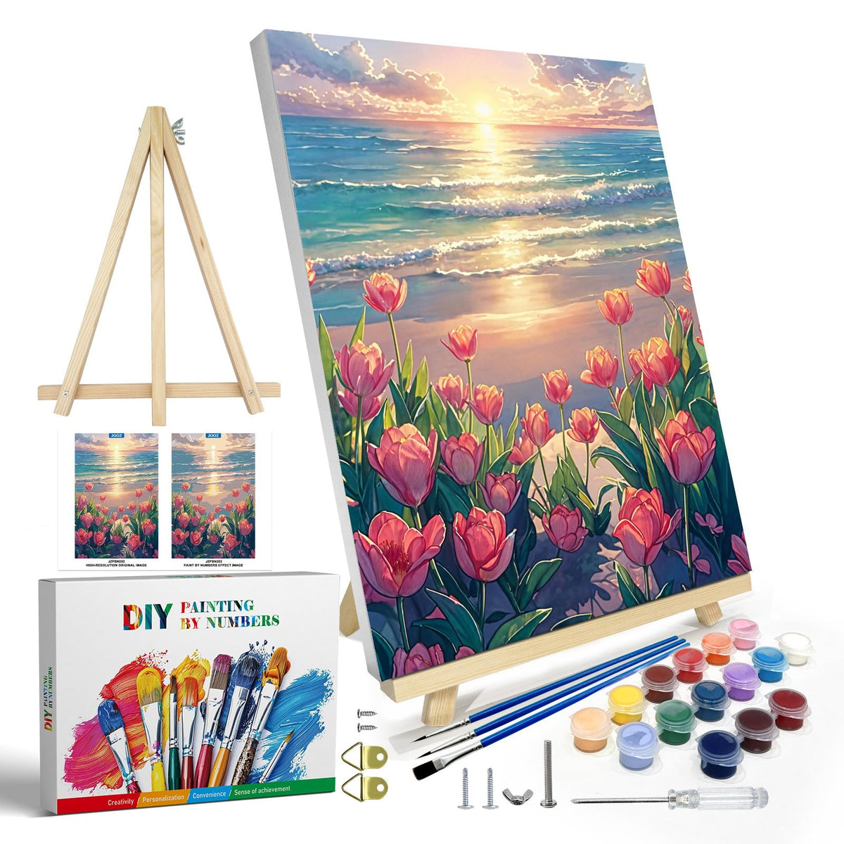 JOOZ Paint by Numbers Kit for Adults with Frame, Landscape Paint by Number Canvas, Mountain Paint by Numbers with Easel, DIY Flowers Scenery Oil Painting Kit for Home Wall Decor 8 x 12 Inch