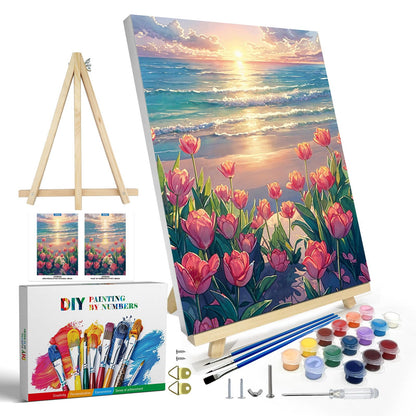 JOOZ Paint by Numbers Kit for Adults with Frame, Landscape Paint by Number Canvas, Mountain Paint by Numbers with Easel, DIY Flowers Scenery Oil Painting Kit for Home Wall Decor 8 x 12 Inch