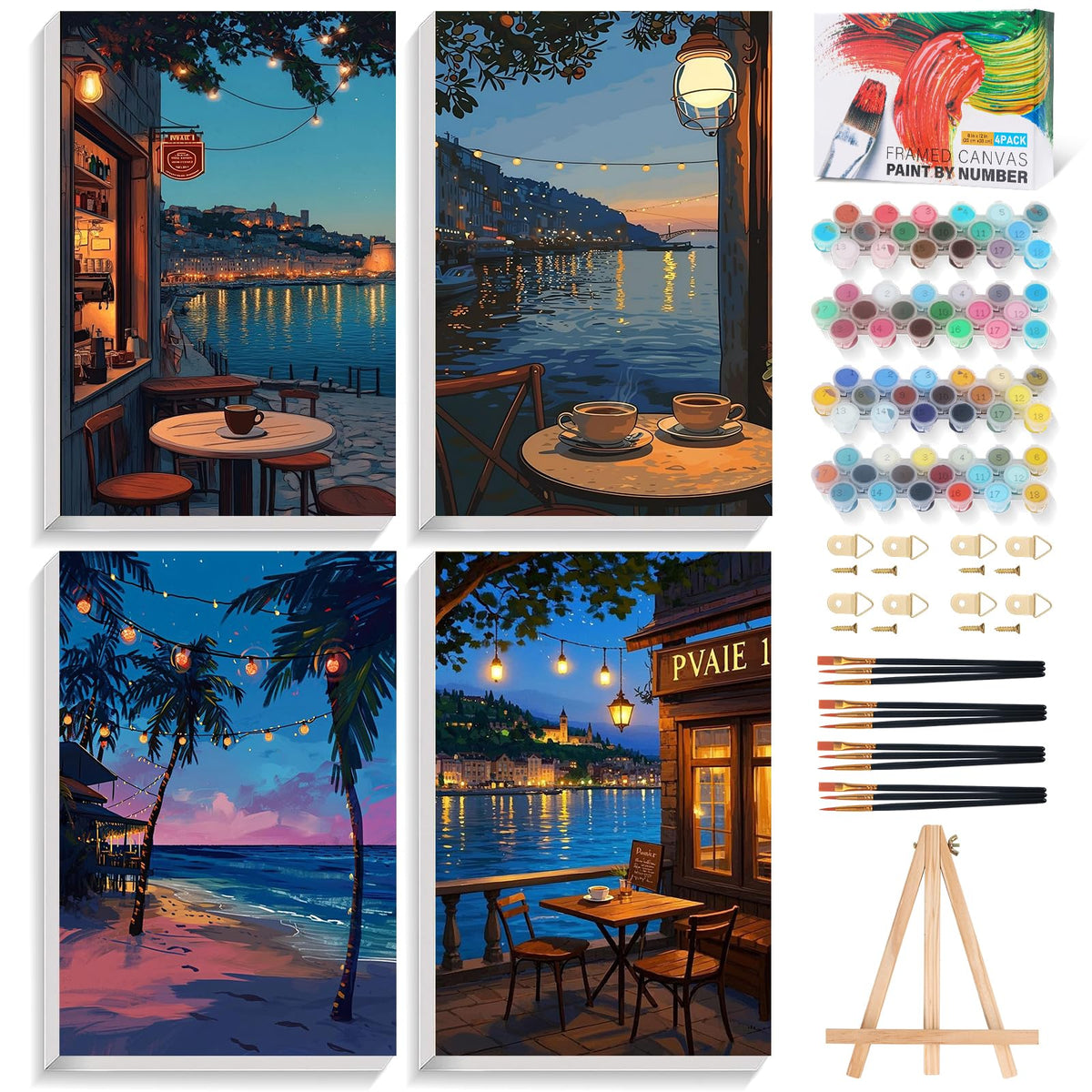 4 Pack Framed Paint by Numbers Kit for Adults Landscape with Wooden Easel