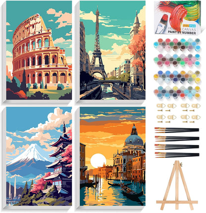 4 Pack Framed Paint by Numbers Kit for Adults with Wooden Easel, 8x12 Inch
