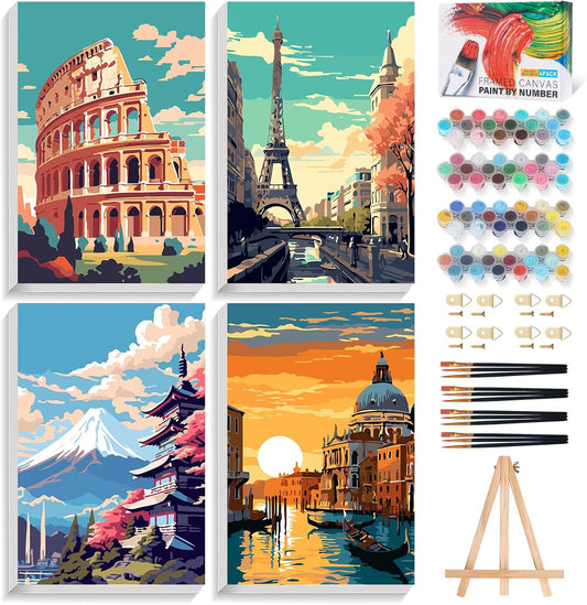 4 Pack Framed Paint by Numbers Kit for Adults with Wooden Easel, 8x12 Inch