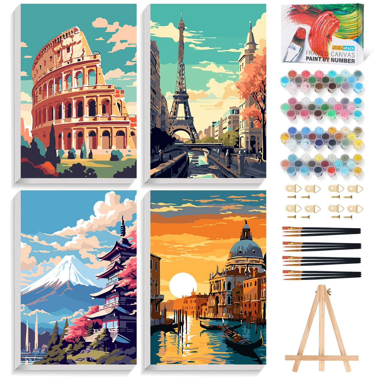 4 Pack Framed Paint by Numbers Kit for Adults with Wooden Easel, 8x12 Inch