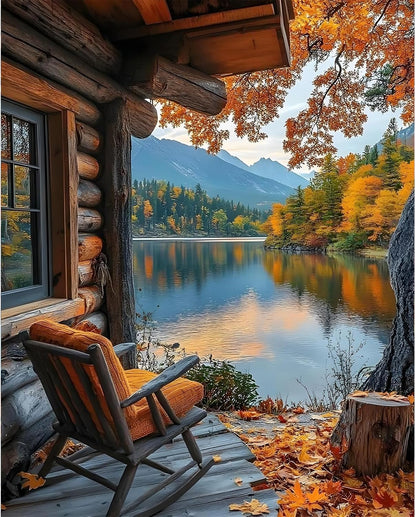 Paint by Numbers Kit for Adults, Fall Lake Cabin Number Painting Canvas Kit