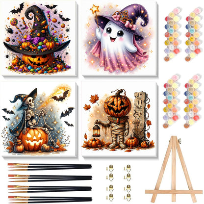 4 Pack Halloween Ghost Paint by Numbers Kit for Kids with Frame 8x8 inch