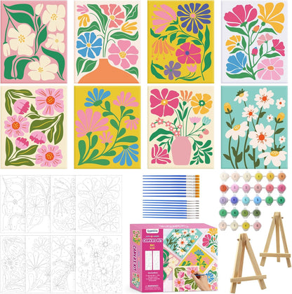 Goldentime 8 Pack Paint by Numbers Kit for Adults and Kids Beginners | 8x10 Inch Flower Canvas Painting Kit with 16 Brushes, 26 Acrylic Paints & Wooden Supports | Predrawn Canvas for Home Decor Gifts