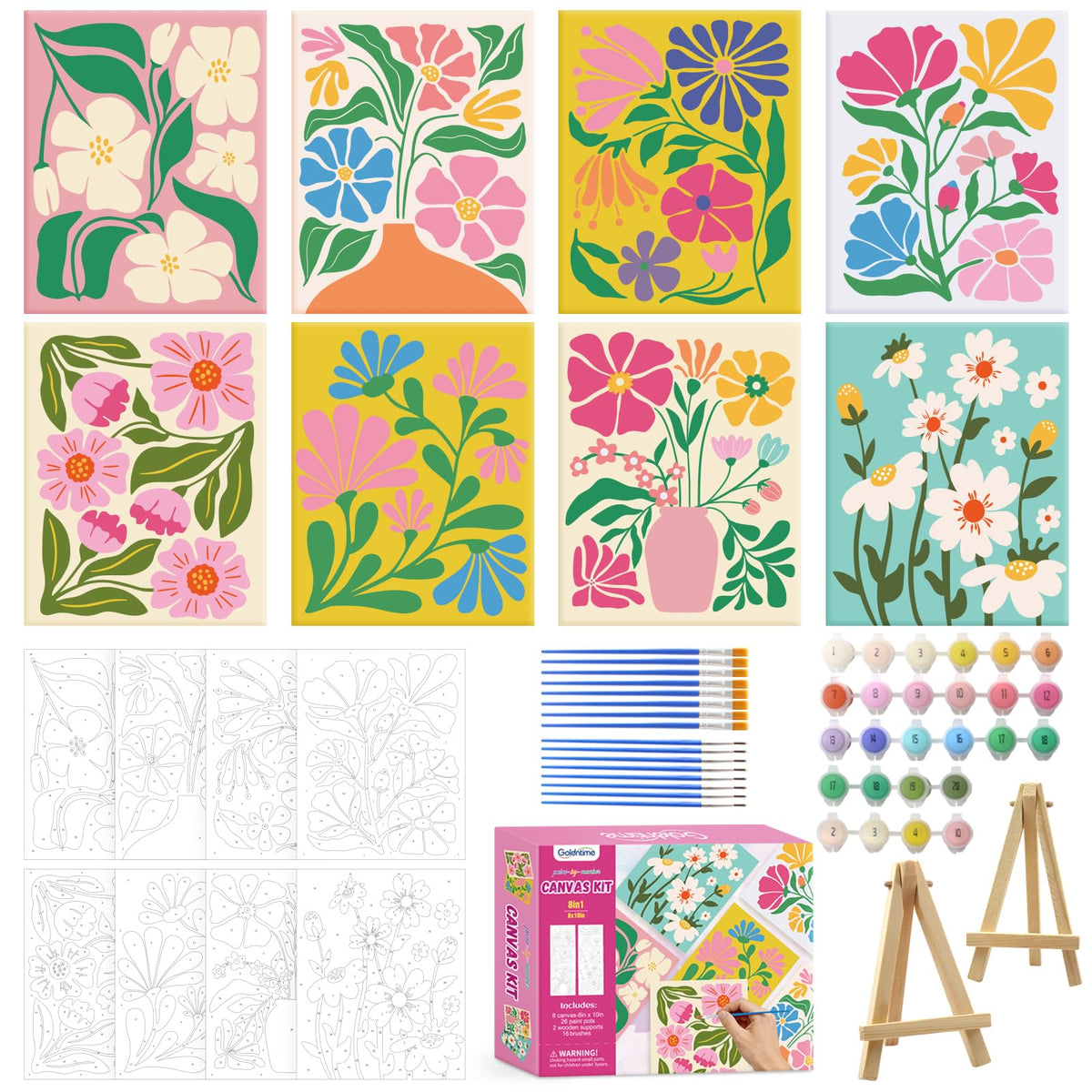 Goldentime 8 Pack Paint by Numbers Kit for Adults and Kids Beginners | 8x10 Inch Flower Canvas Painting Kit with 16 Brushes, 26 Acrylic Paints & Wooden Supports | Predrawn Canvas for Home Decor Gifts