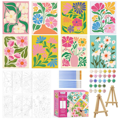 Goldentime 8 Pack Paint by Numbers Kit for Adults and Kids Beginners | 8x10 Inch Flower Canvas Painting Kit with 16 Brushes, 26 Acrylic Paints & Wooden Supports | Predrawn Canvas for Home Decor Gifts