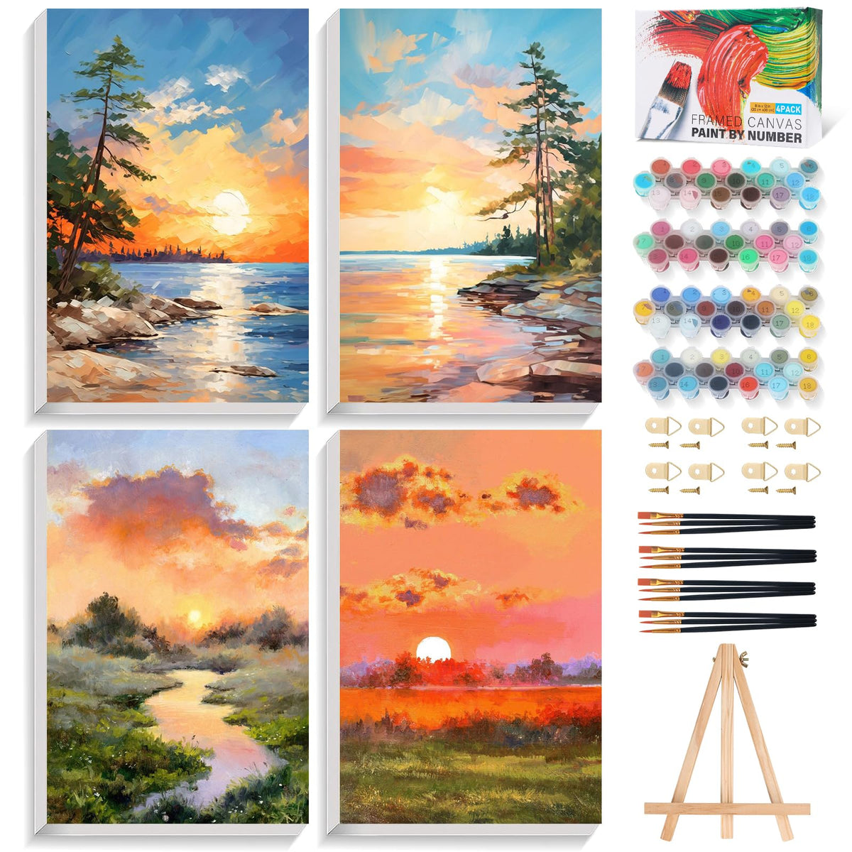 4 Pack Framed Paint by Numbers Kit for Adults Landscape with Wooden Easel
