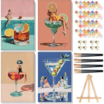 4 Pack Beach Paint by Numbers for Adults with Framed Canvas - Wooden Easel