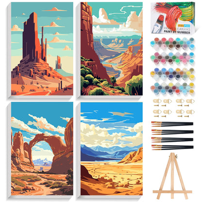 4 Pack Framed Paint by Numbers Kit for Adults with Wooden Easel, 8x12 Inch