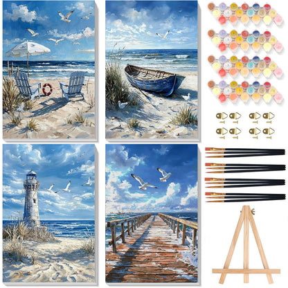 4 Pack Beach Paint by Numbers for Adults with Framed Canvas - Wooden Easel