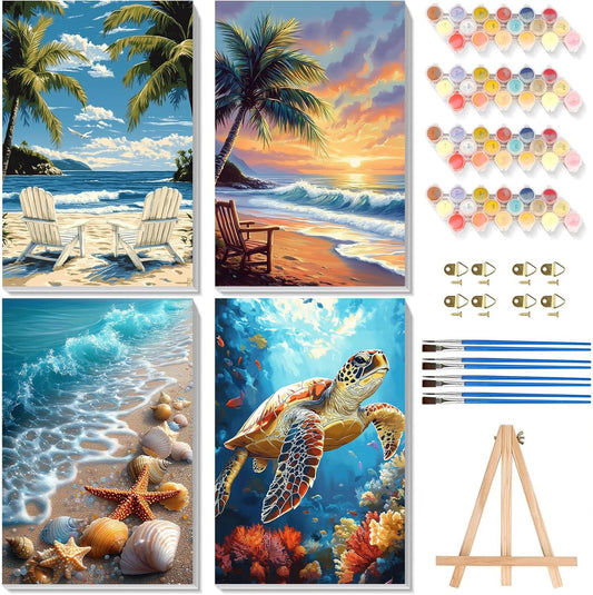 4 Pack Beach Paint by Numbers for Adults with Framed Canvas - Wooden Easel