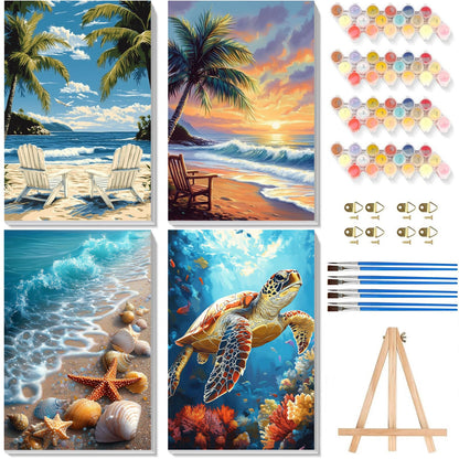 4 Pack Beach Paint by Numbers for Adults with Framed Canvas - Wooden Easel