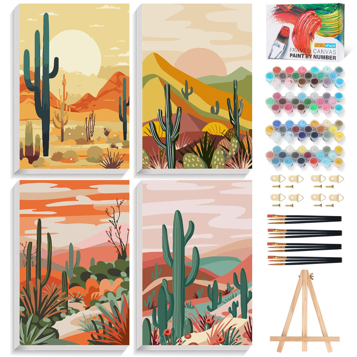 4 Pack Framed Paint by Numbers Kit for Adults with Wooden Easel, 8x12 Inch