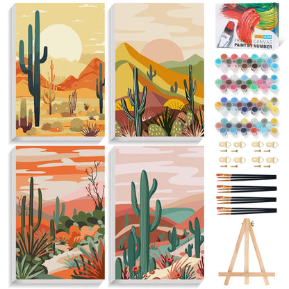 4 Pack Framed Paint by Numbers Kit for Adults with Wooden Easel, 8x12 Inch
