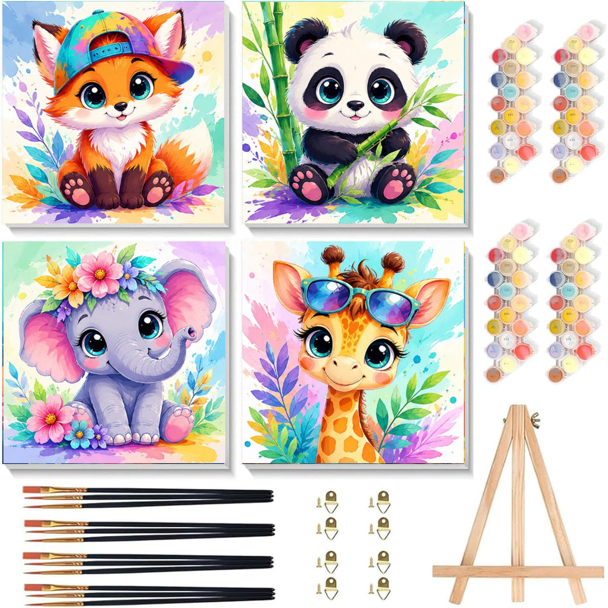 Arttoplus 4 Pack Paint by Numbers Kit for Kids with Frame Animals 8x8 inch