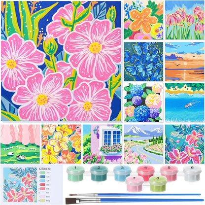 Nezyo 12 Sets Paint by Numbers Kit with Frame for Adults, Acrylic 8x8 Inch