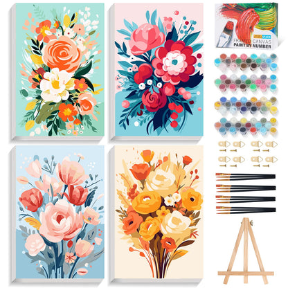 4 Pack Framed Paint by Numbers Kit for Adults with Wooden Easel, 8x12 Inch