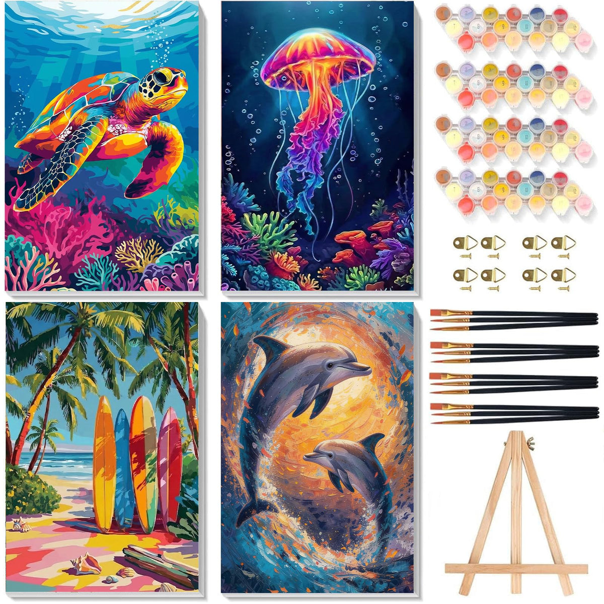 4 Pack Beach Paint by Numbers for Adults with Framed Canvas - Wooden Easel