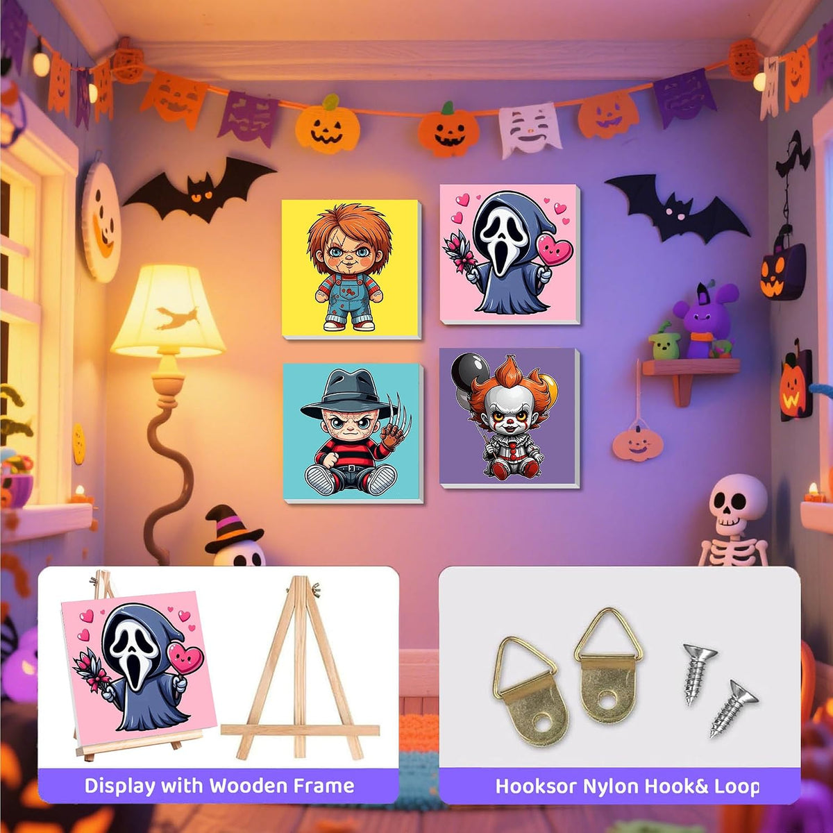 4 Pack Halloween Paint by Numbers for Kids with Frame Canvas - Wooden Easel
