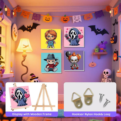 4 Pack Halloween Paint by Numbers for Kids with Frame Canvas - Wooden Easel