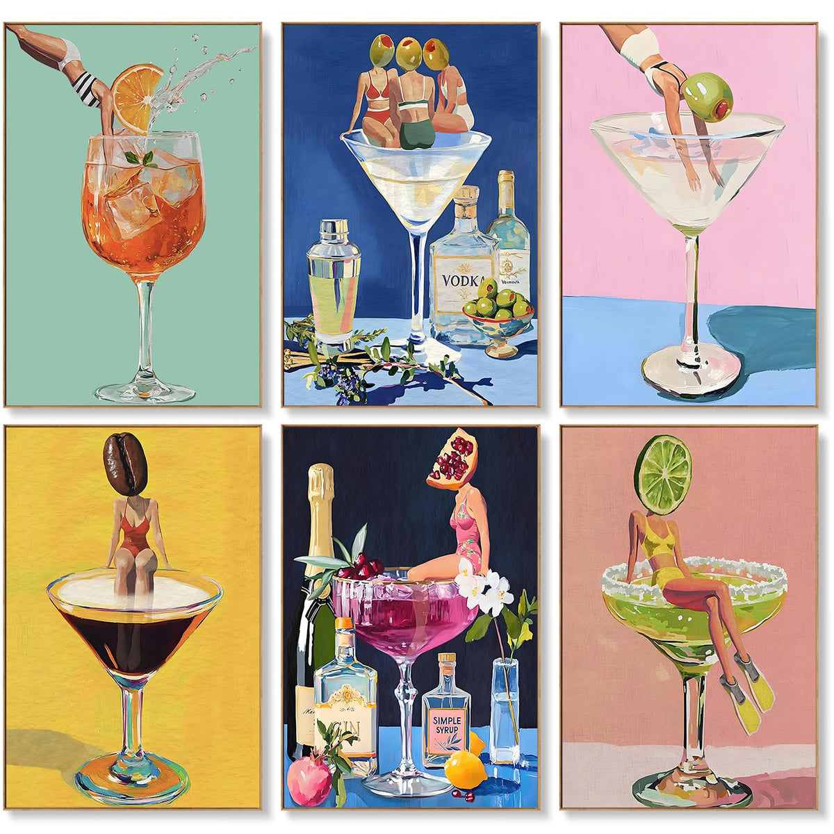 Offito 6 Pack Paint by Numbers Kit for Adults, Funny Cocktail, 8x12 Inch