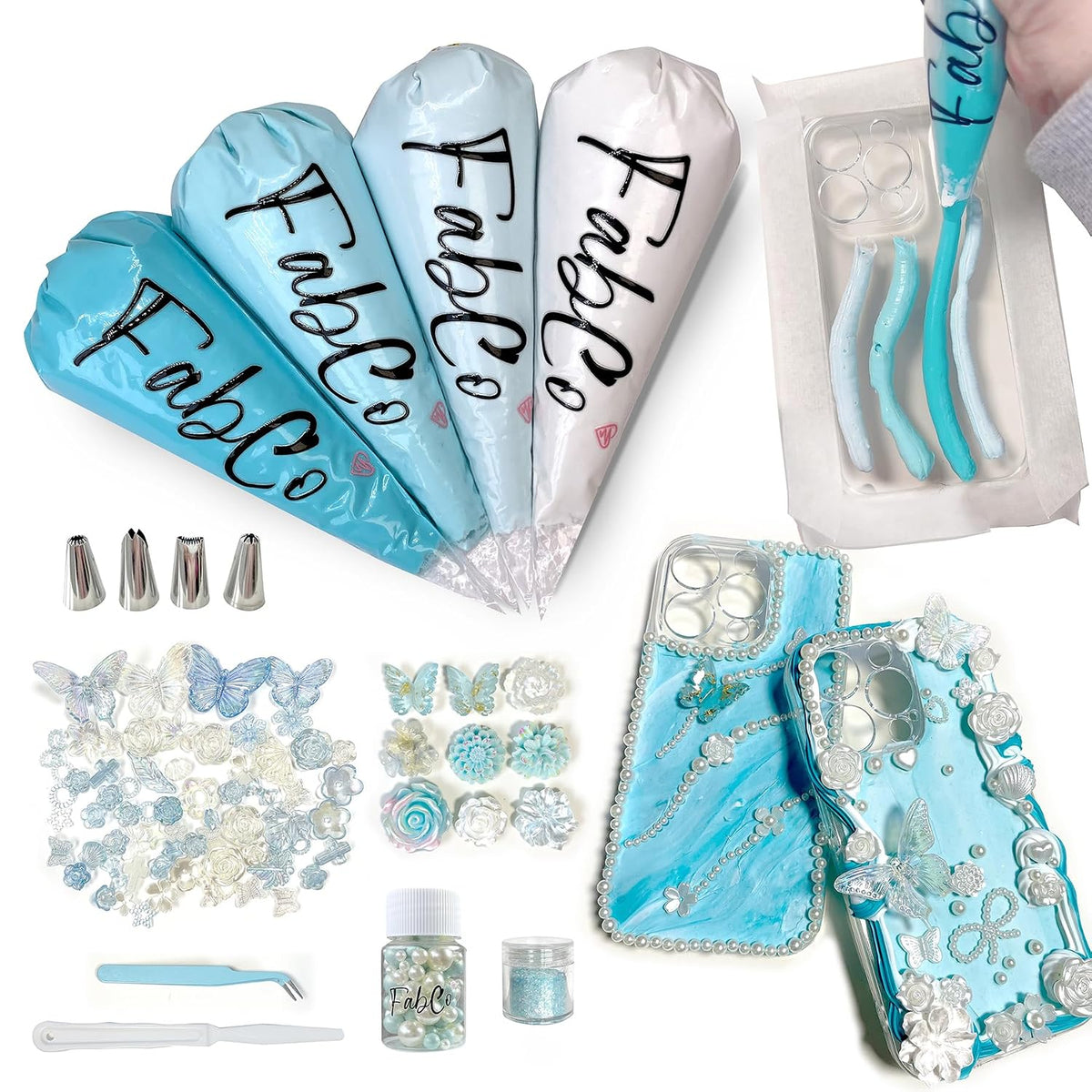 Decoden Cream Glue Kit for DIY Phone Cases, 4 Tubes 100g Whipped Cream Glue withPearl, Flower Charms, for Girls, Birthday Gifts, Summer Crafts and Party Activities (Dreamy Sky Blue)