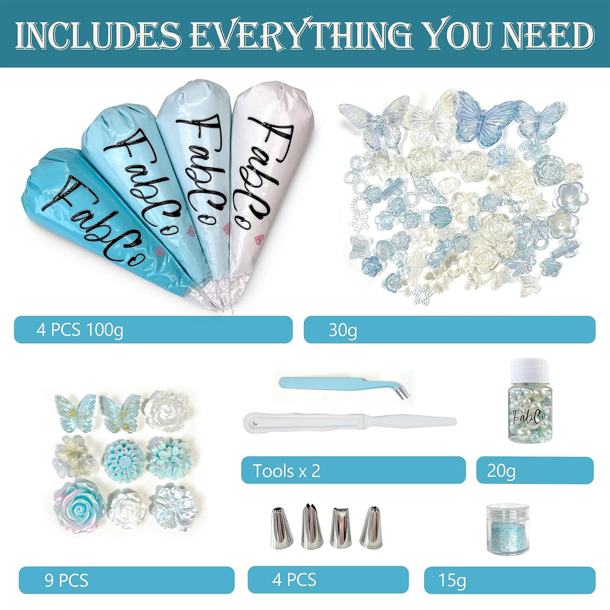 Decoden Cream Glue Kit for DIY Phone Cases, 4 Tubes 100g Whipped Cream Glue withPearl, Flower Charms, for Girls, Birthday Gifts, Summer Crafts and Party Activities (Dreamy Sky Blue)