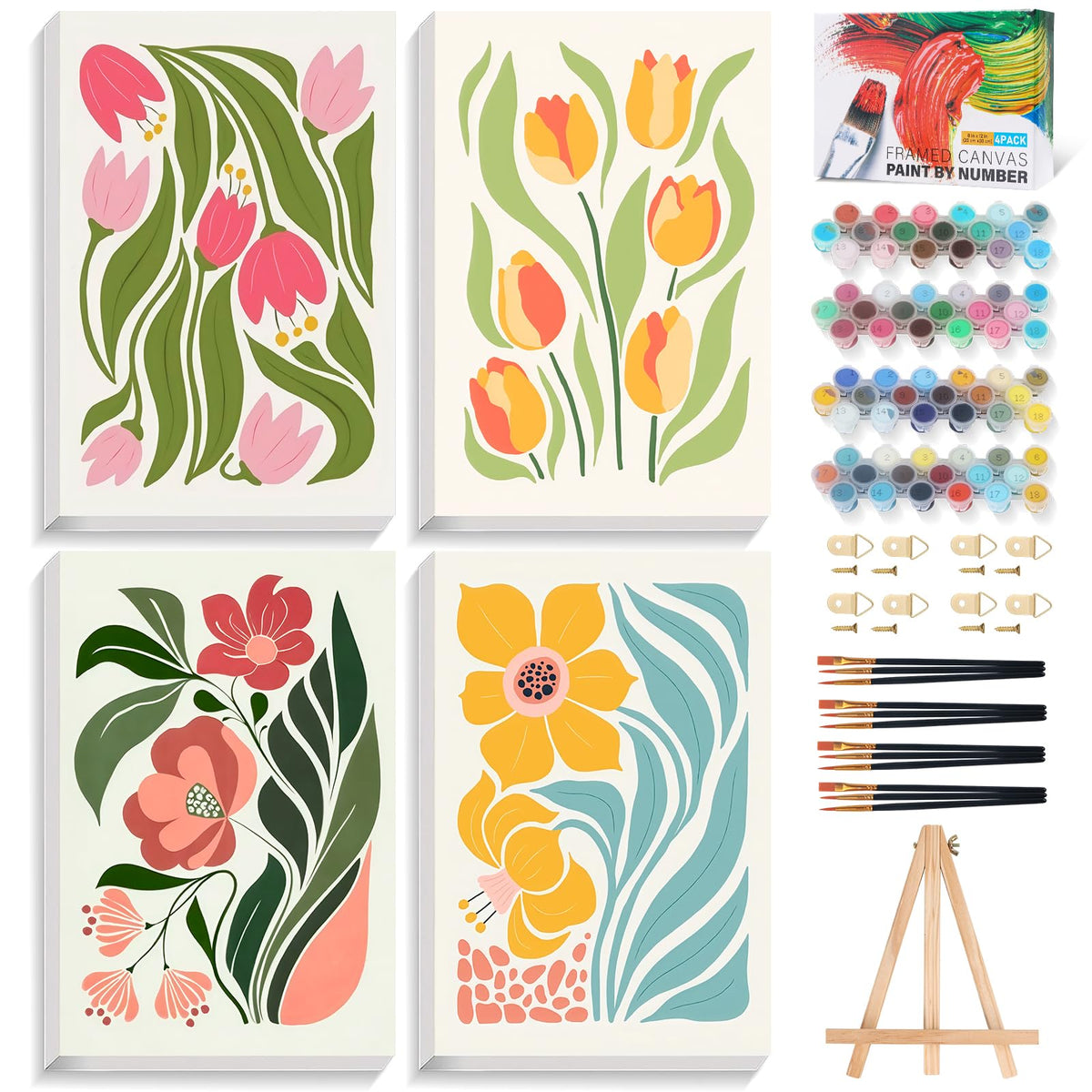 Okarina 4 Pack Paint by Numbers Kit for Adults with Frame, Easy Flower