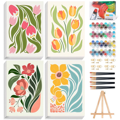 4 Pack Paint by Numbers Kit for Adults with Frame, Black Cat & Green Plant