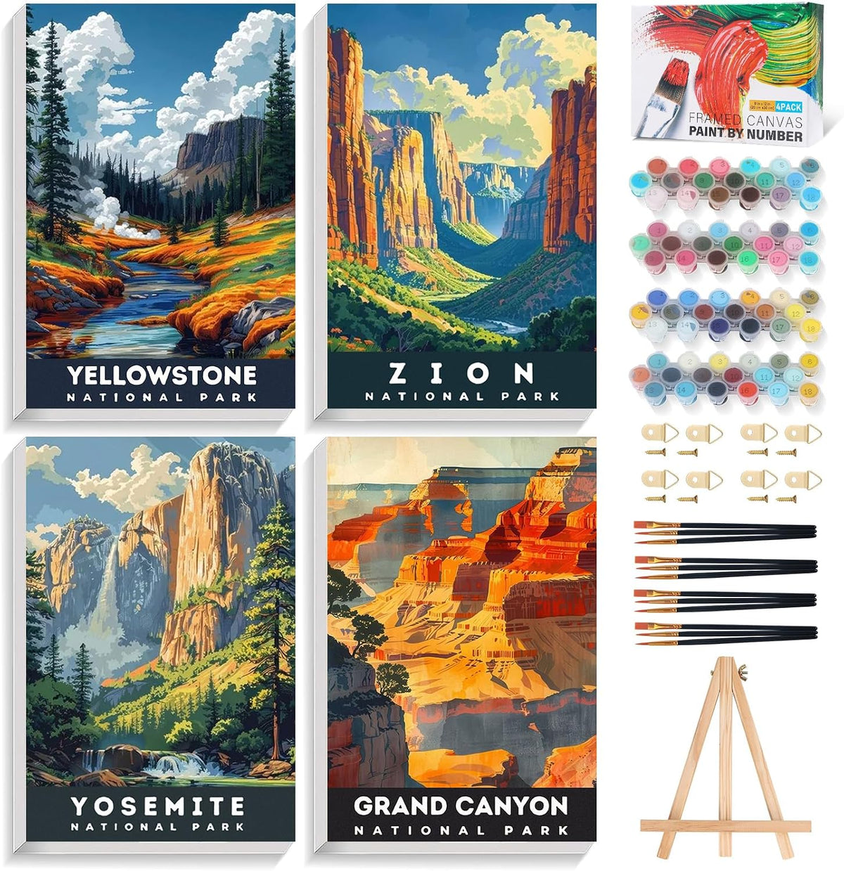 4 Pack Framed Paint by Numbers Kit for Adults with Wooden Easel, 8x12 Inch