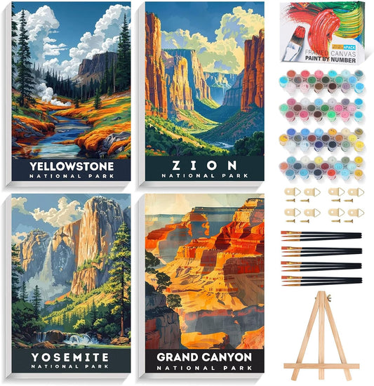 4 Pack Framed Paint by Numbers Kit for Adults with Wooden Easel, 8x12 Inch
