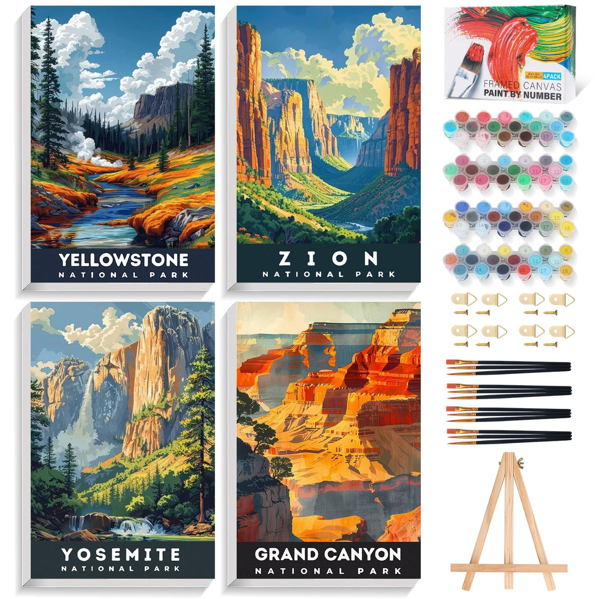 4 Pack Framed Paint by Numbers Kit for Adults with Wooden Easel, 8x12 Inch
