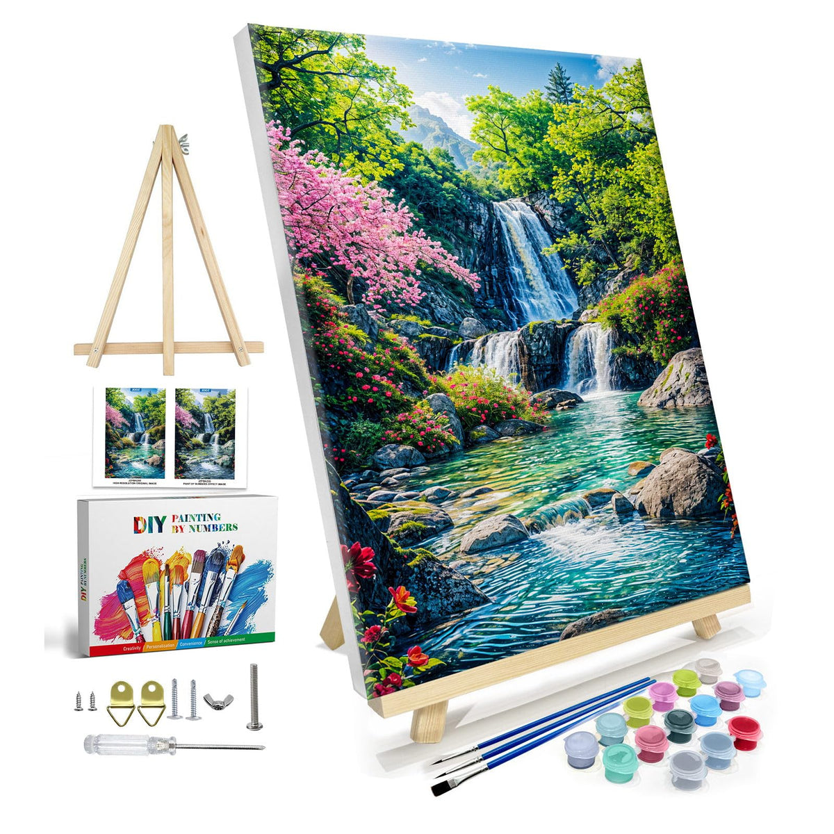 JOOZ Paint by Numbers Kit for Adults with Frame, Landscape Paint by Number Canvas, Mountain Paint by Numbers with Easel, DIY Flowers Scenery Oil Painting Kit for Home Wall Decor 8 x 12 Inch