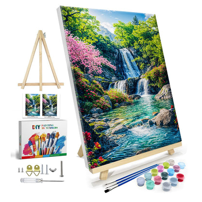 JOOZ Paint by Numbers Kit for Adults with Frame, Landscape Paint by Number Canvas, Mountain Paint by Numbers with Easel, DIY Flowers Scenery Oil Painting Kit for Home Wall Decor 8 x 12 Inch