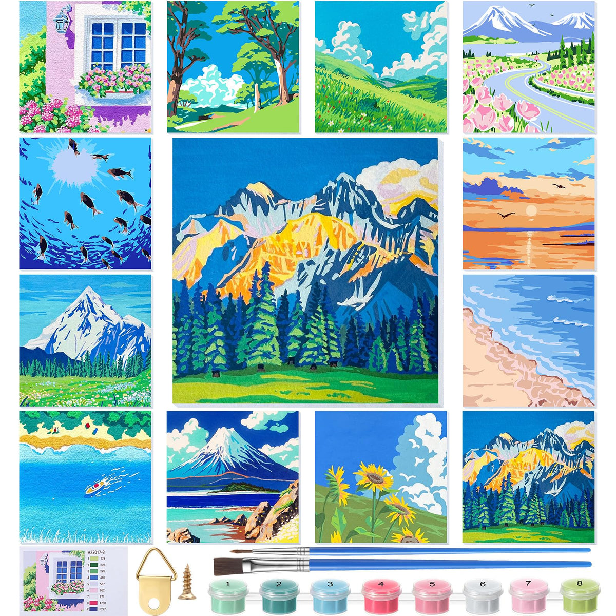 Nezyo 12 Sets Paint by Numbers Kit with Frame for Adults, Acrylic 8x8 Inch