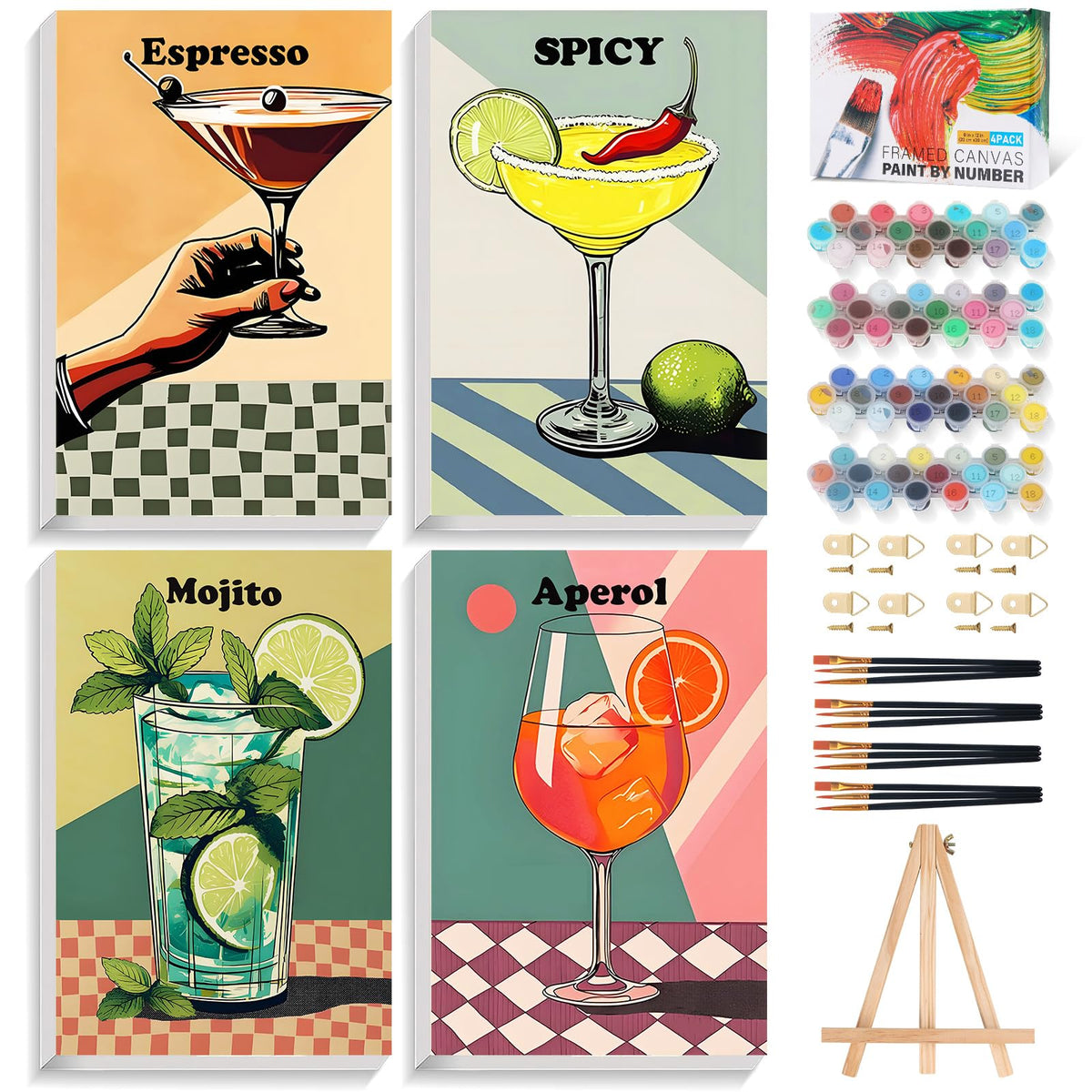 4 Pack Framed Paint by Numbers Kit for Adults with Wooden Easel, 8x12 Inch