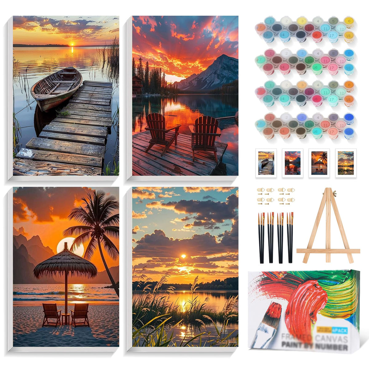 4 Pack Framed Paint by Numbers Kit for Adults with Wooden Easel, Plant