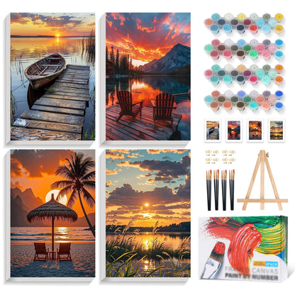 4 Pack Framed Paint by Numbers Kit for Adults with Wooden Easel, Plant