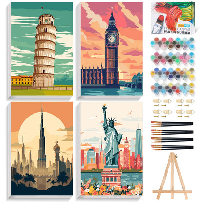 4 Pack Framed Paint by Numbers Kit for Adults with Wooden Easel, 8x12 Inch