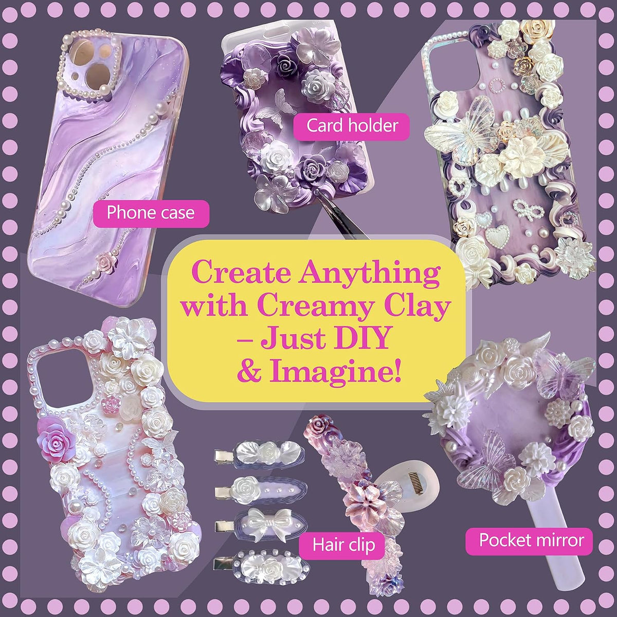 Decoden Cream Glue Kit for DIY Phone Cases, 4 Tubes 100g Whipped Cream Glue withPearl,Flower Charms, for Girls, Birthday Gifts, Summer Crafts and Party Activities (Gen Z Lavender)