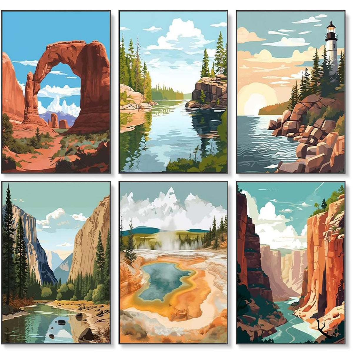 6 Pack Paint by Numbers Kit for Adults Beginner National Park 8x12 Inch