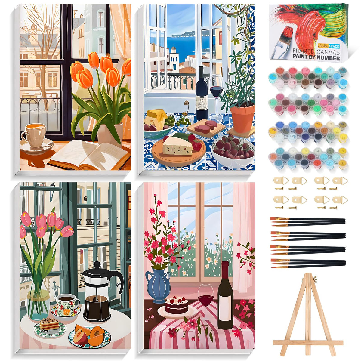 4 Pack Paint by Numbers Kit for Adults with Frame, Black Cat & Green Plant