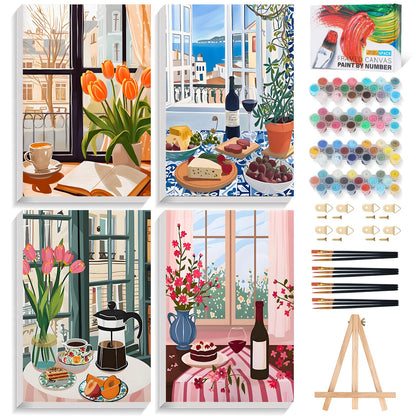 4 Pack Paint by Numbers Kit for Adults with Frame, Black Cat & Green Plant