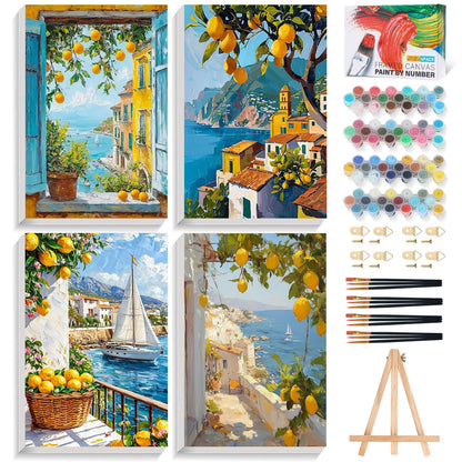 4 Pack Framed Paint by Numbers Kit for Adults Landscape with Wooden Easel