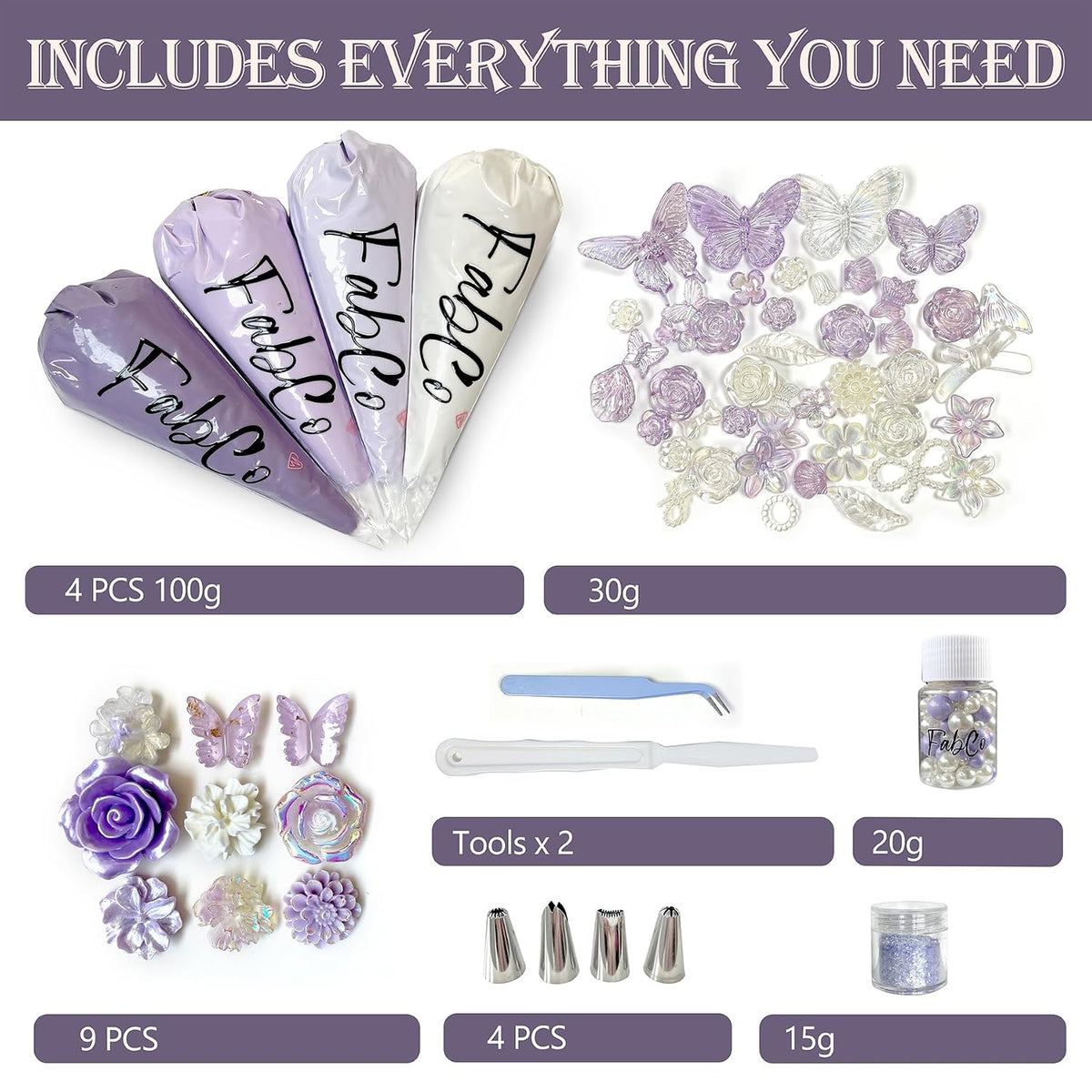 Decoden Cream Glue Kit for DIY Phone Cases, 4 Tubes 100g Whipped Cream Glue withPearl,Flower Charms, for Girls, Birthday Gifts, Summer Crafts and Party Activities (Gen Z Lavender)