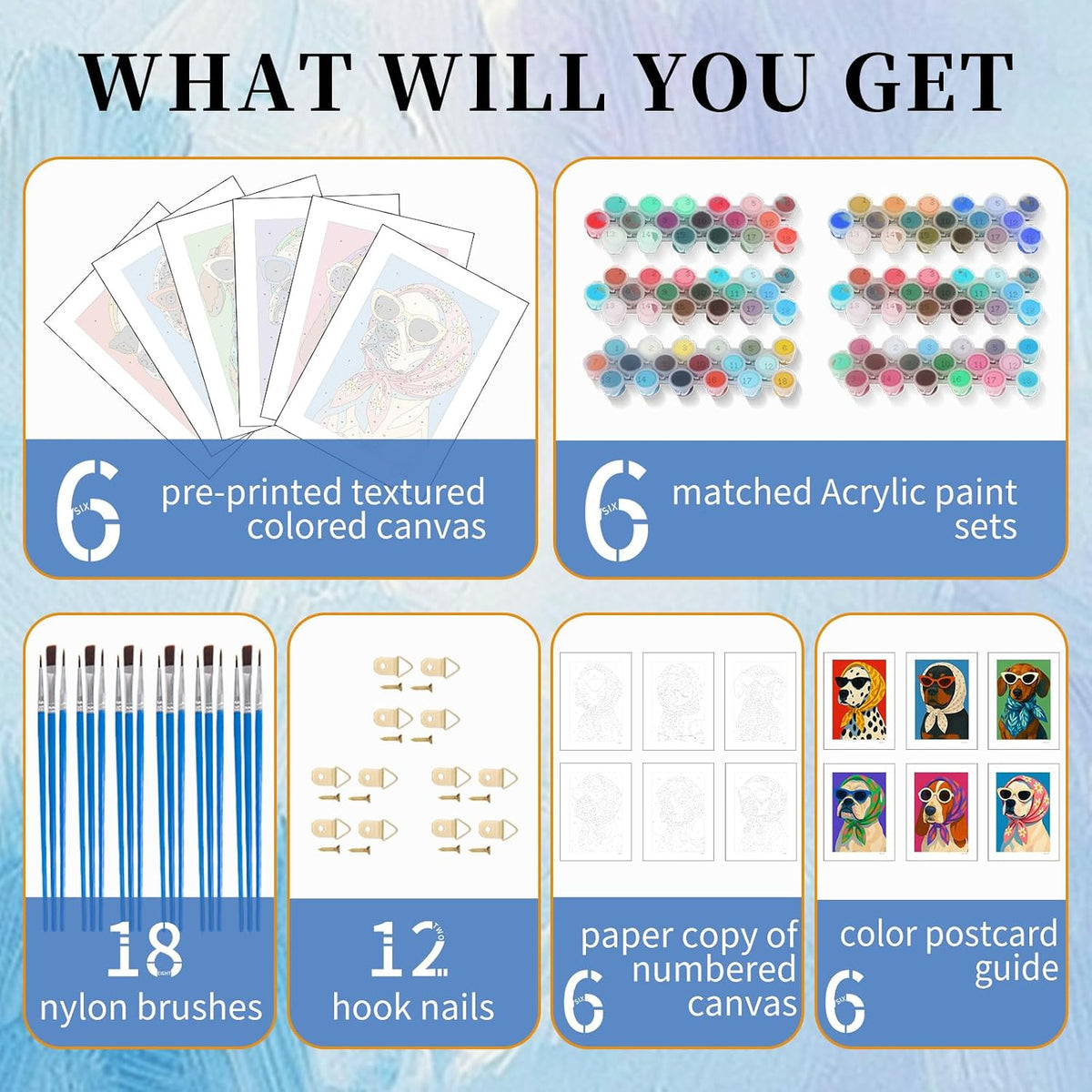 6 Pack Paint by Numbers Kit for Adults, Funny Dog Painting, 8x12 Inch