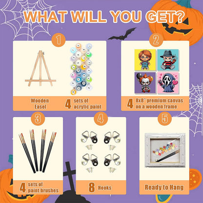 4 Pack Halloween Paint by Numbers for Kids with Frame Canvas - Wooden Easel