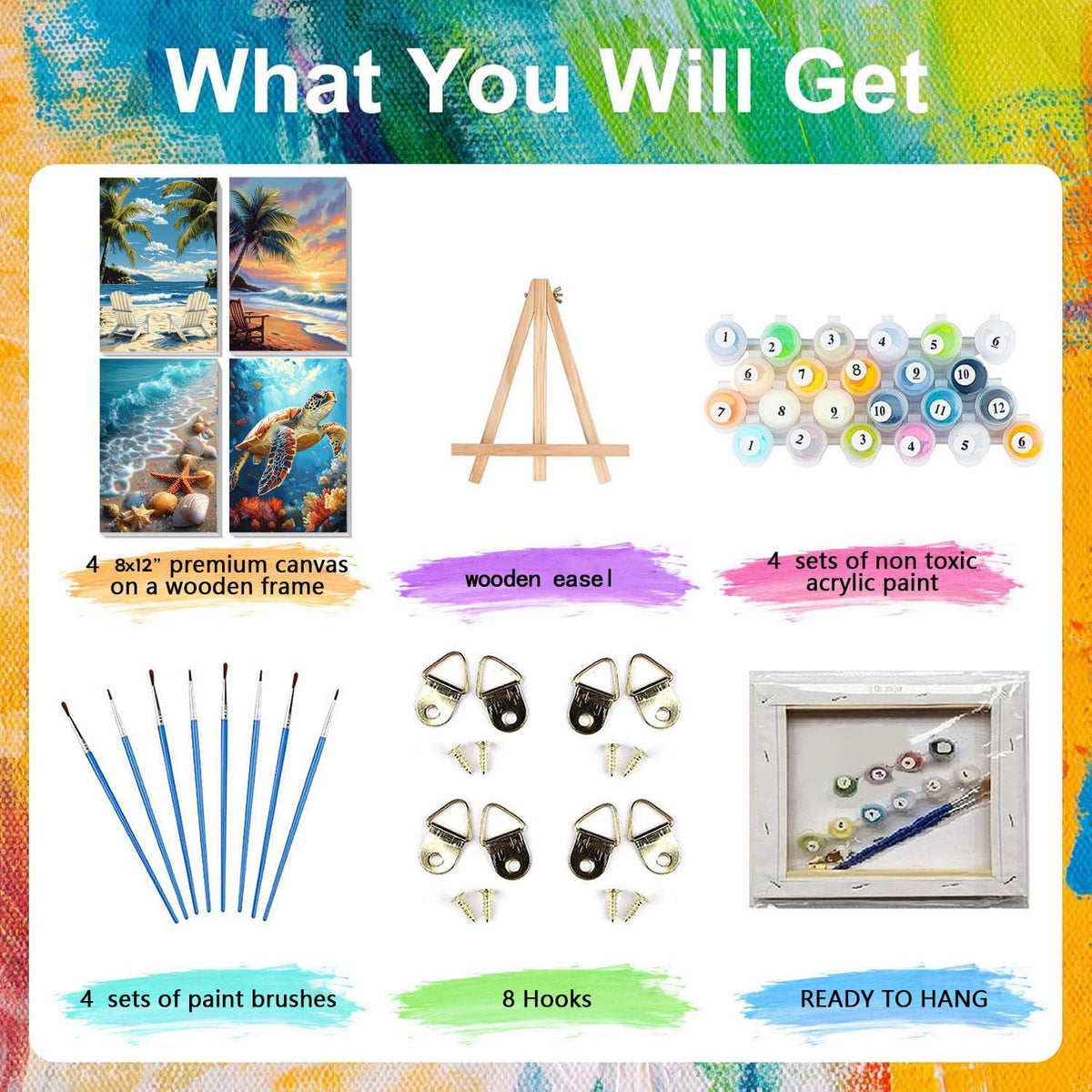 4 Pack Beach Paint by Numbers for Adults with Framed Canvas - Wooden Easel