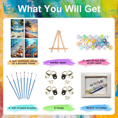 4 Pack Beach Paint by Numbers for Adults with Framed Canvas - Wooden Easel